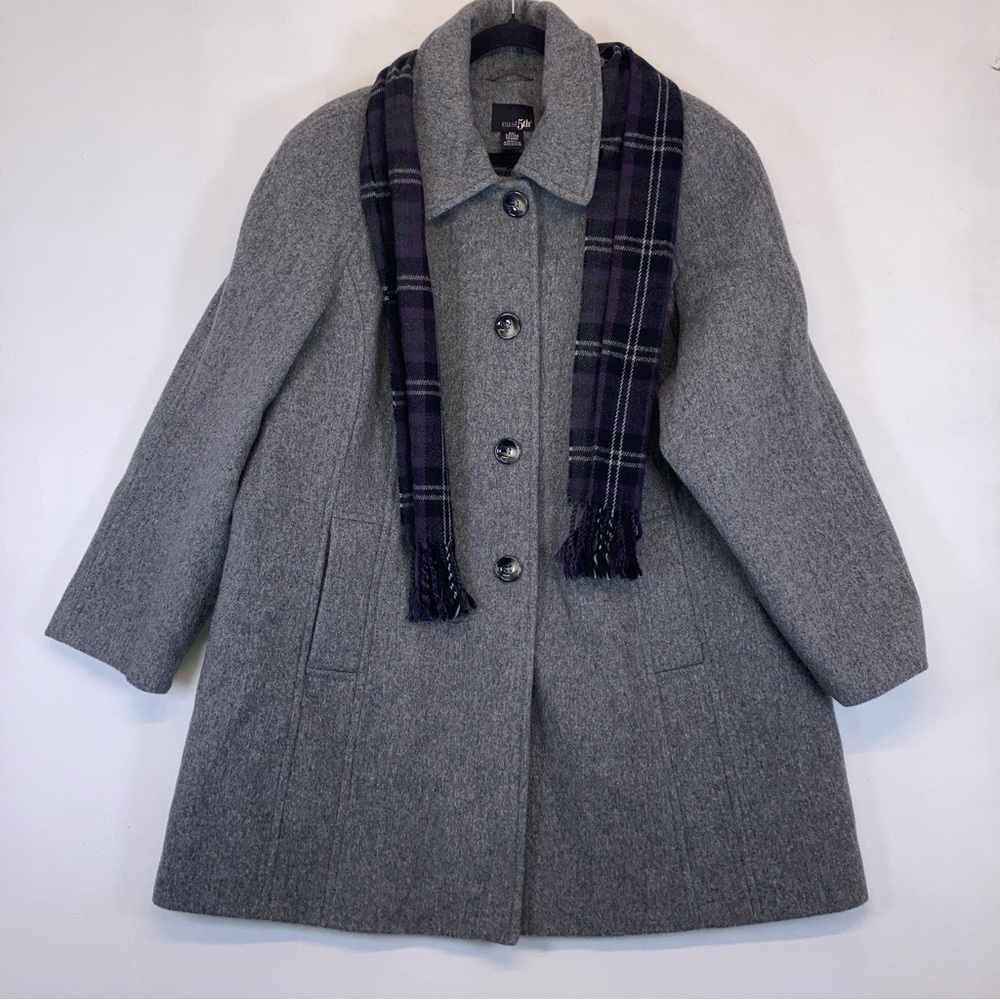 East 5th Coat Women’s Gray Plaid Scarf Button Down Size 2XL Wool Blend Pockets - Picture 2 of 16